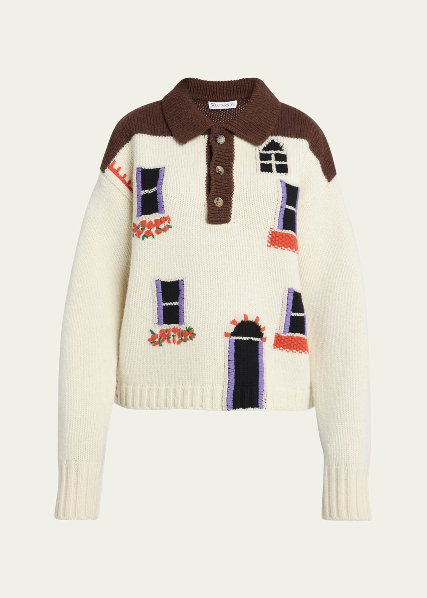 JW Anderson House Embroidered Polo Wool Sweater - Bergdorf Goodman