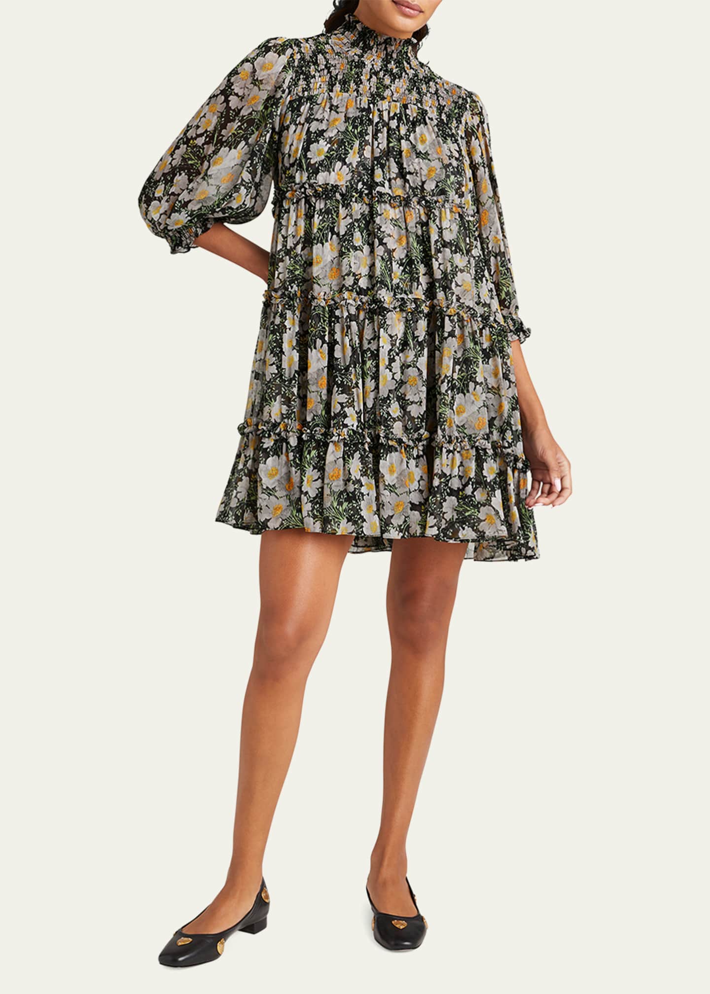 Cinq a Sept Olive Smocked Cosmo-Flower Mini Dress Image 2 of 3