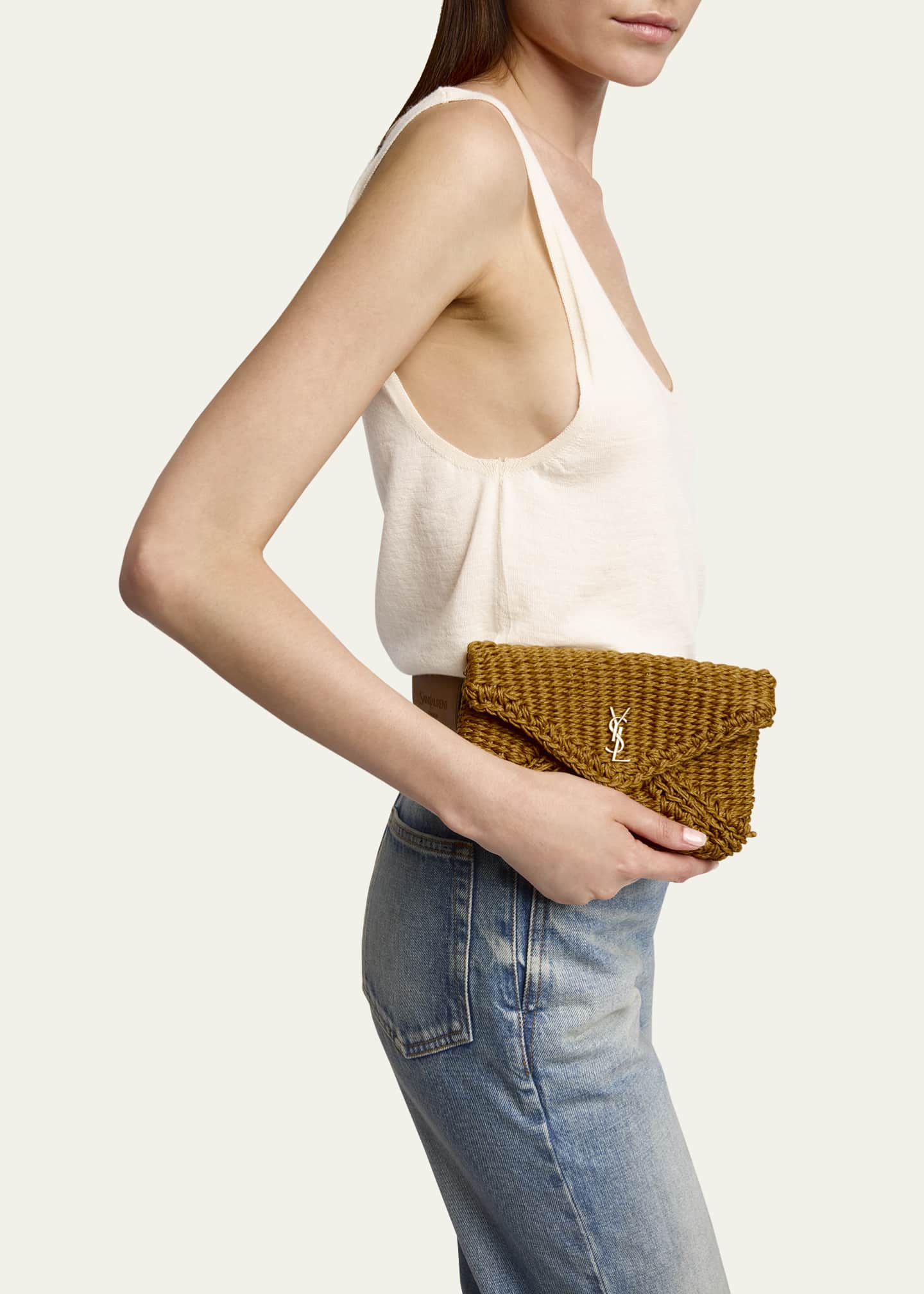 Saint Laurent Cassandre Small YSL Pouch Clutch Bag in Raffia Image 2 of 5
