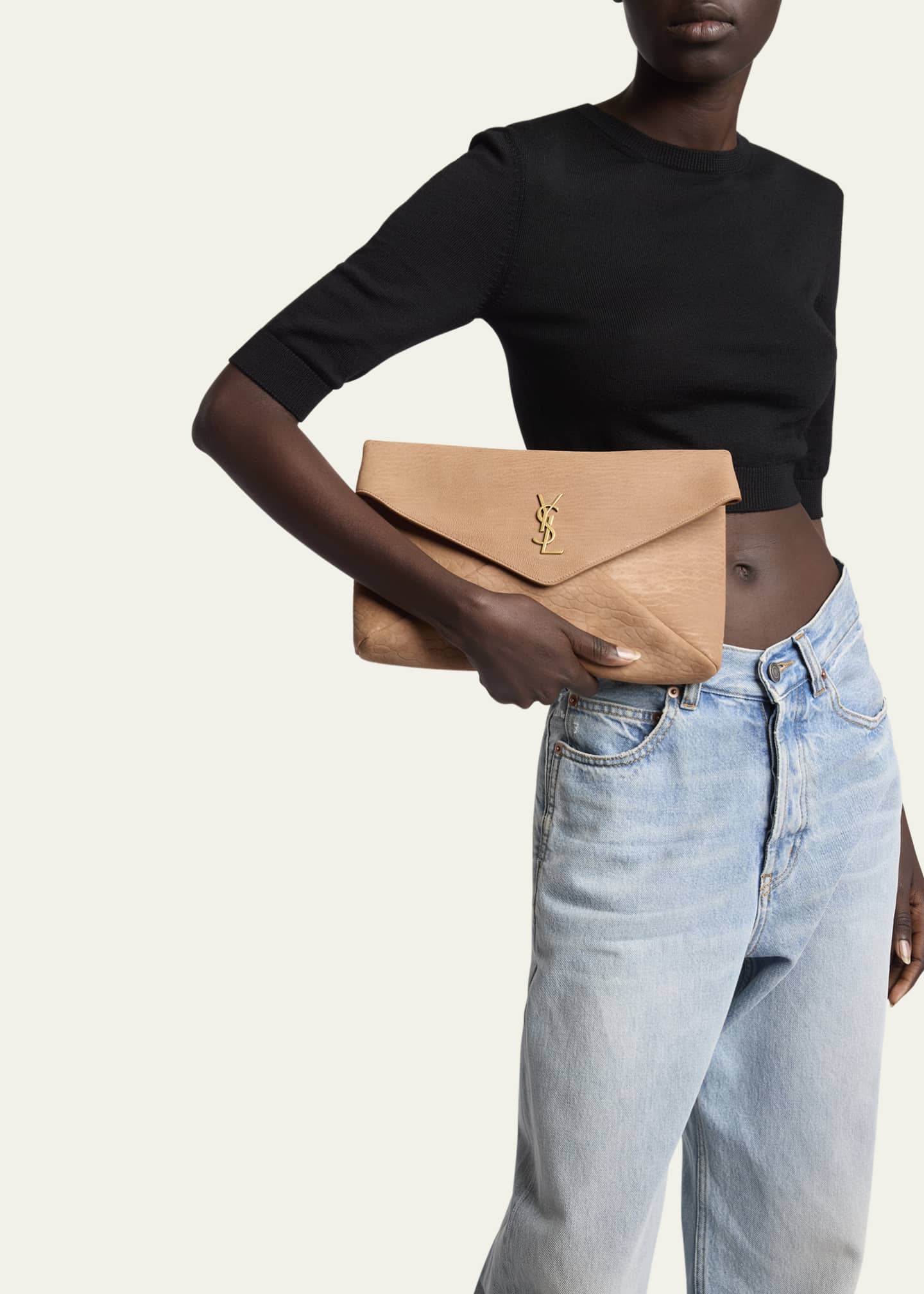 Saint Laurent Large YSL Envelope Pouch Clutch Bag in Pebbled Leather Image 2 of 5