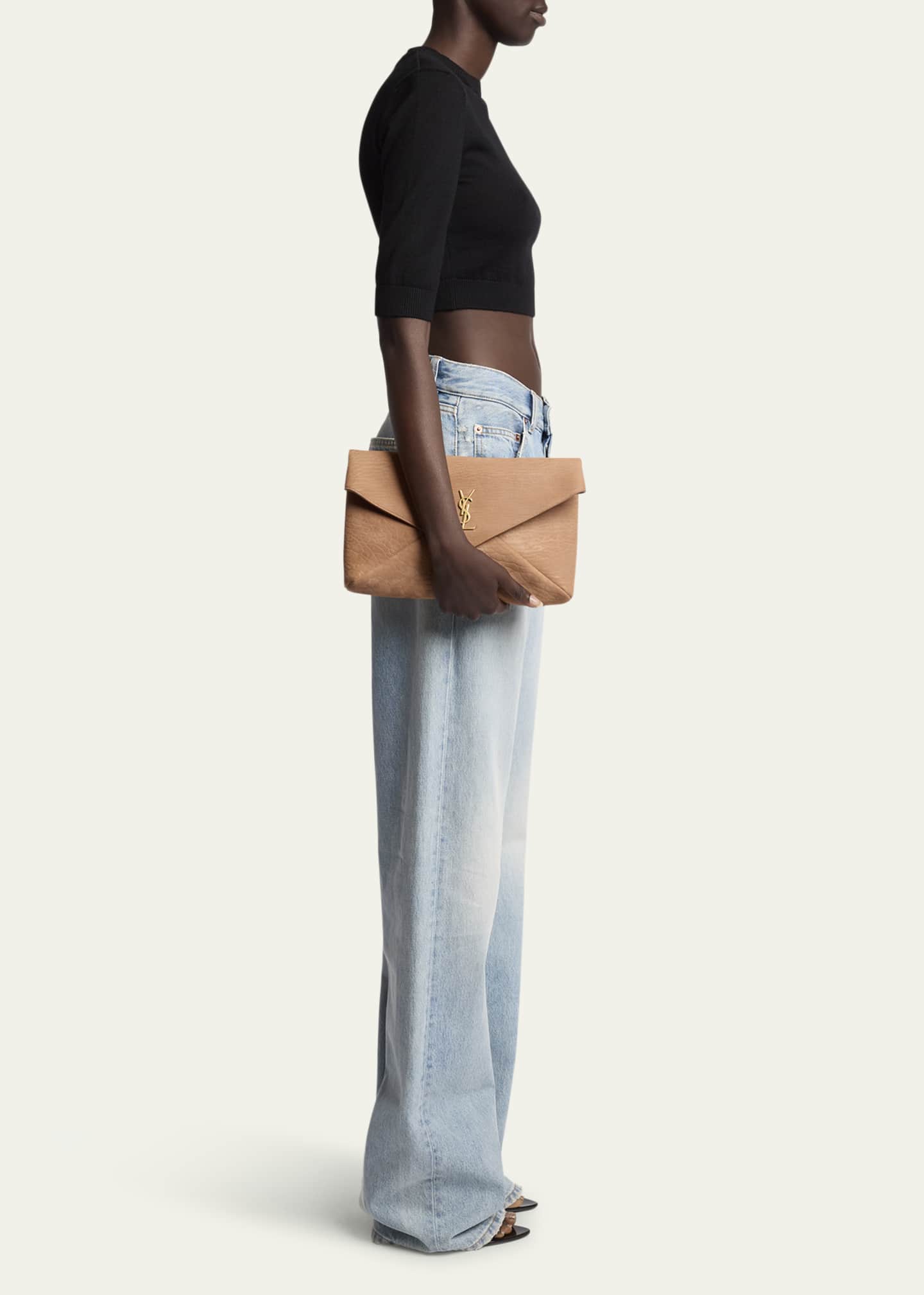 Saint Laurent Large YSL Envelope Pouch Clutch Bag in Pebbled Leather Image 5 of 5