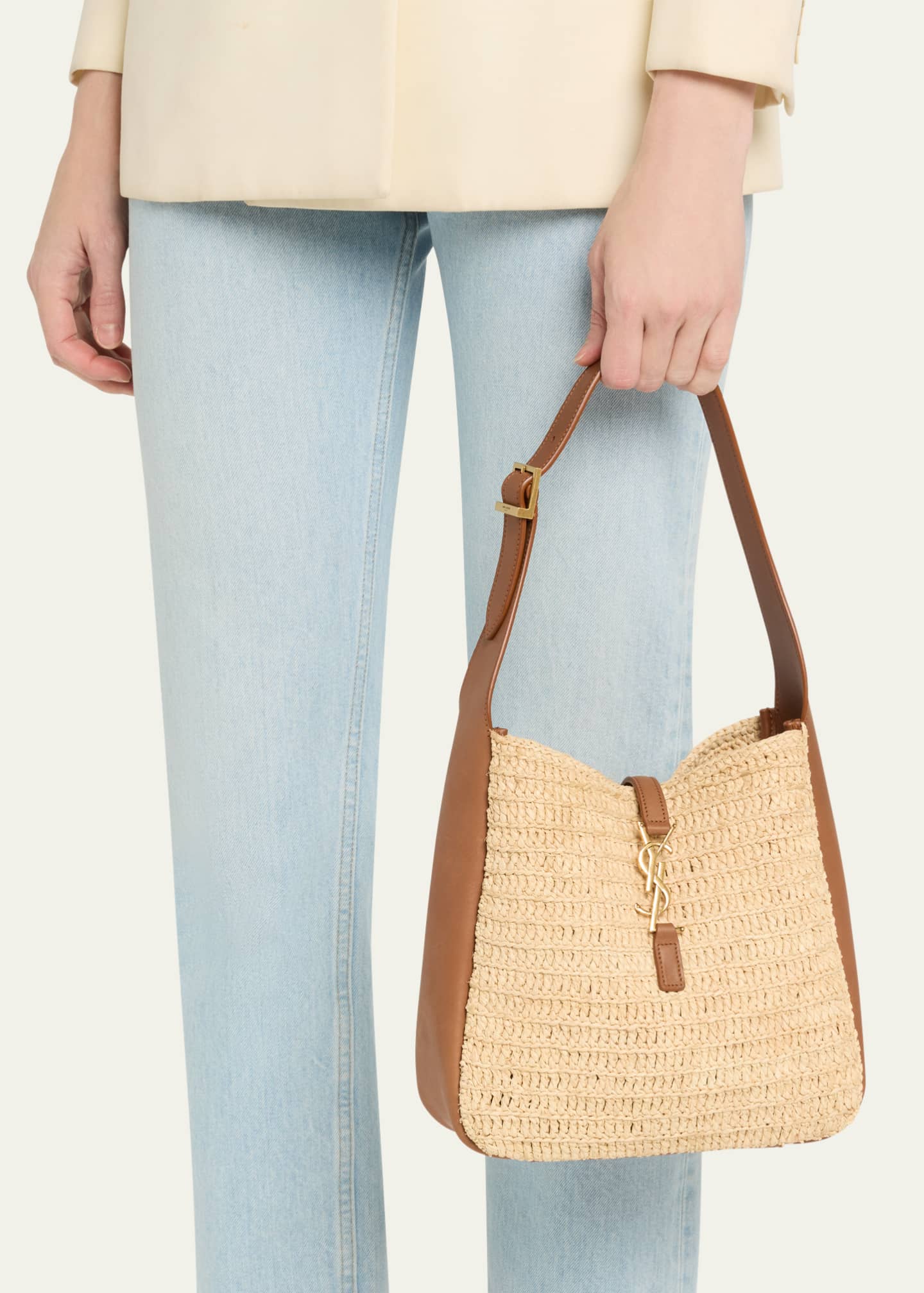 Saint Laurent Le 5 A 7 Small YSL Hobo Bag in Raffia and Leather Image 2 of 6