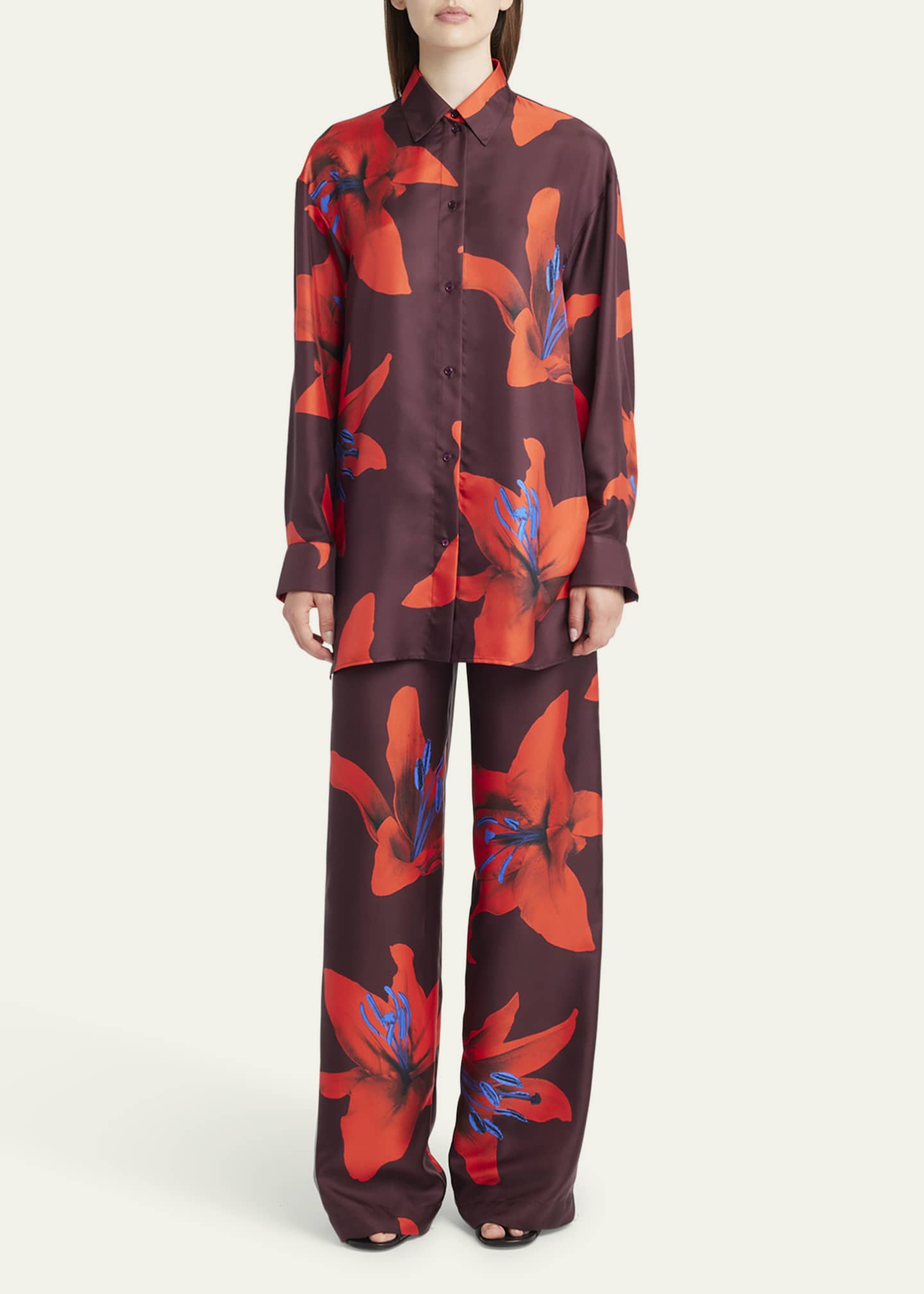 McQueen Long-Sleeve Lily-Print Silk Button-Down Shirt Image 2 of 5
