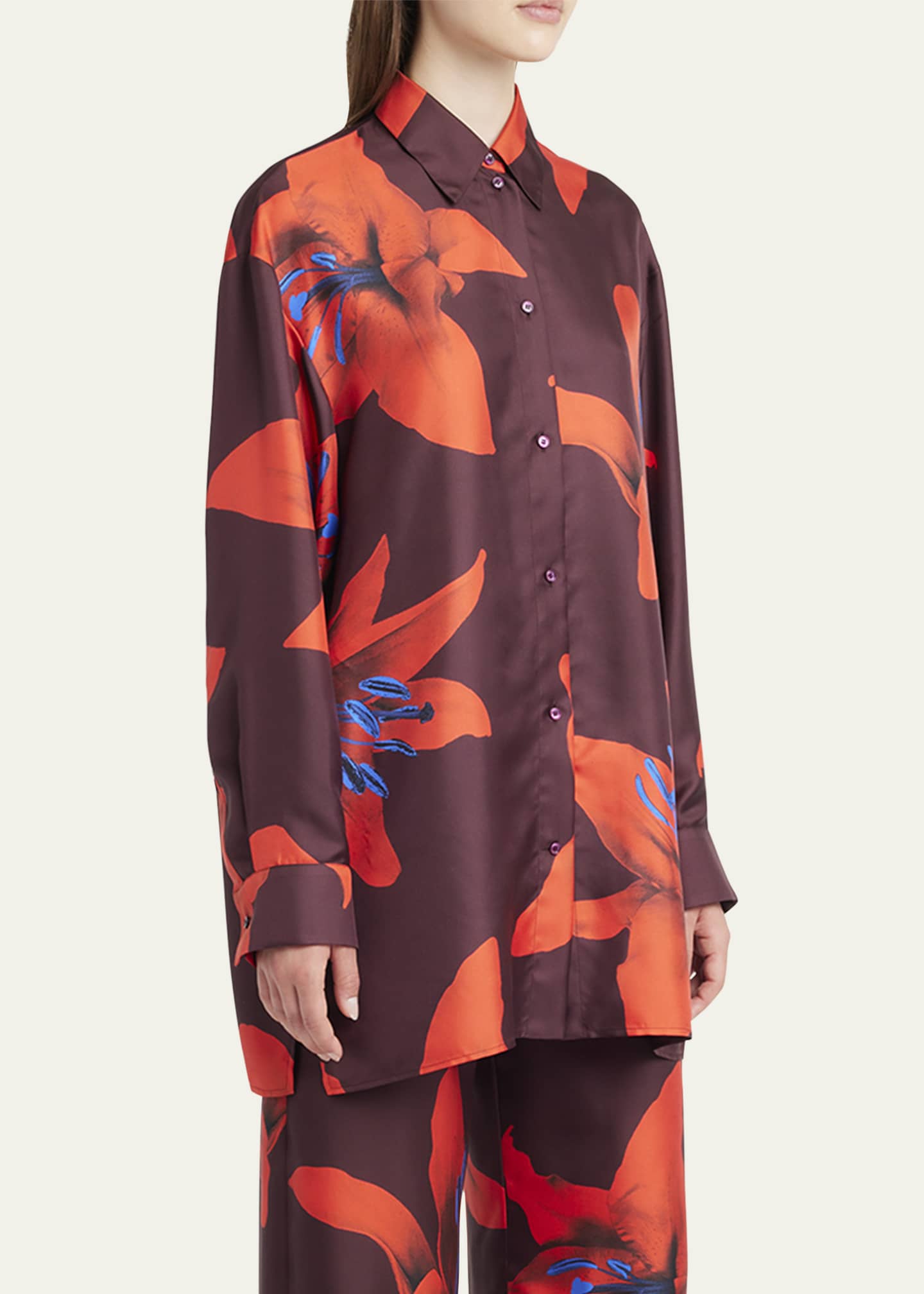 McQueen Long-Sleeve Lily-Print Silk Button-Down Shirt Image 4 of 5