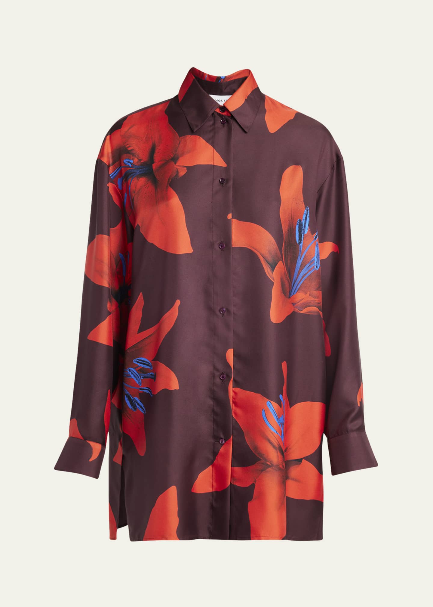 McQueen Long-Sleeve Lily-Print Silk Button-Down Shirt Image 1 of 5