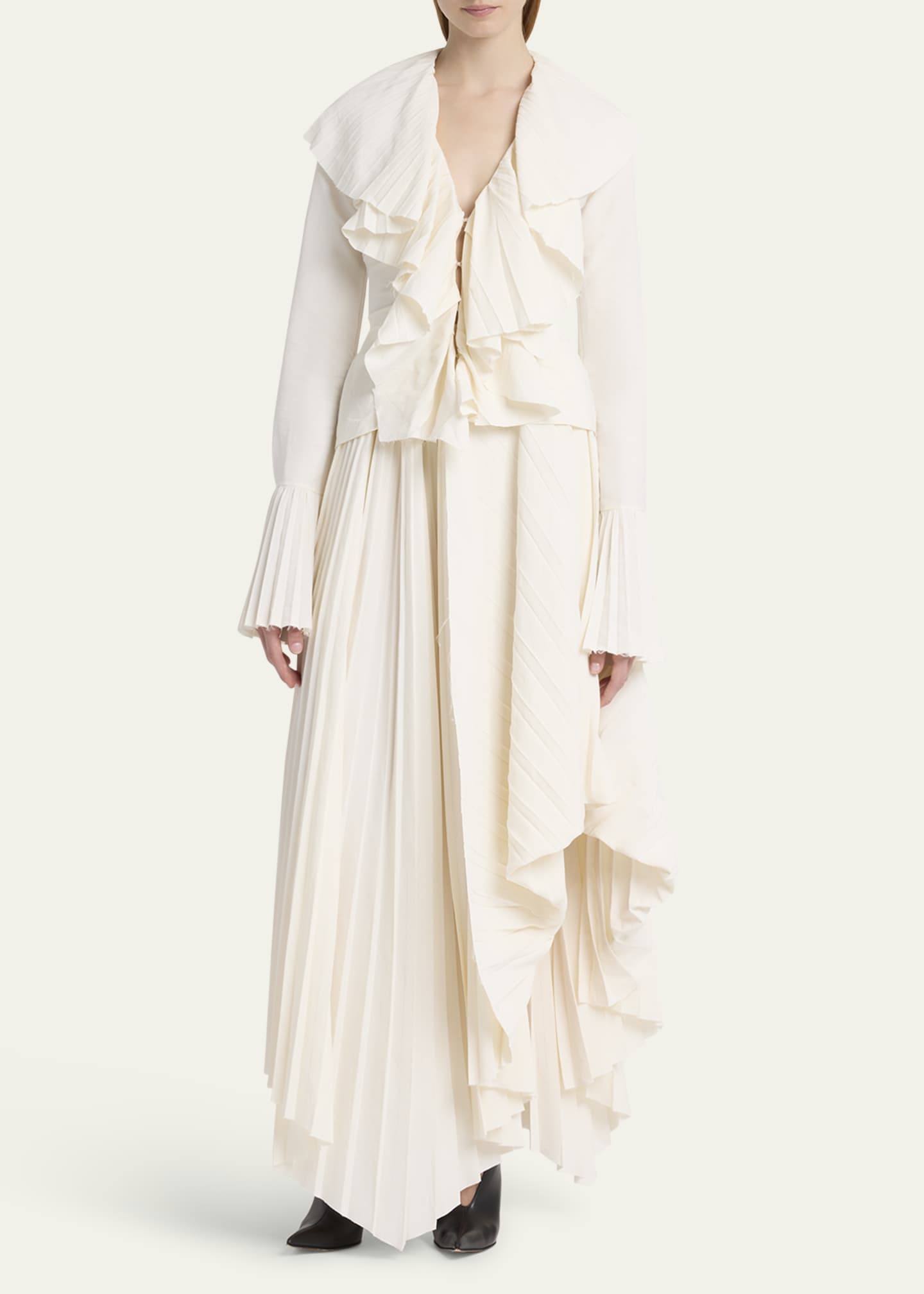 McQueen Long-Sleeve V-Neck Pleated Ruffle Blouse Image 2 of 5