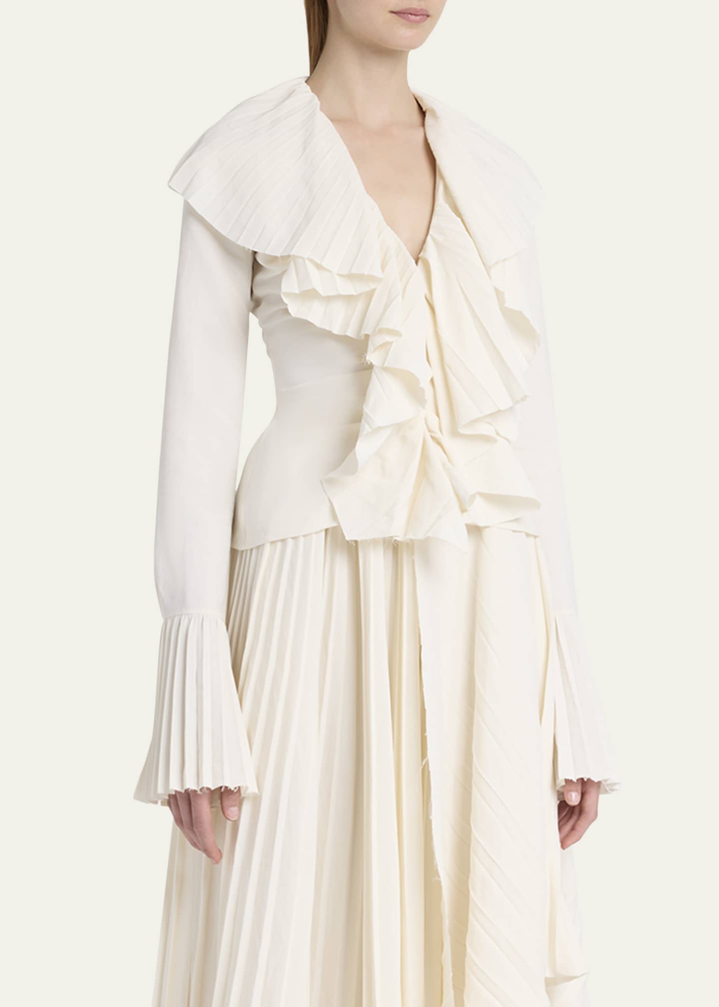 McQueen Long-Sleeve V-Neck Pleated Ruffle Blouse Image 4 of 5