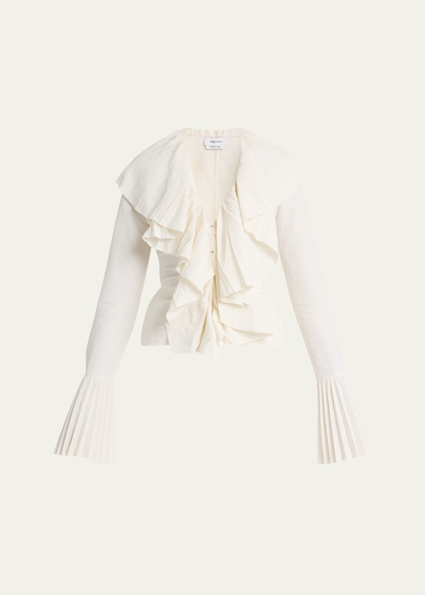McQueen Long-Sleeve V-Neck Pleated Ruffle Blouse Image 1 of 5