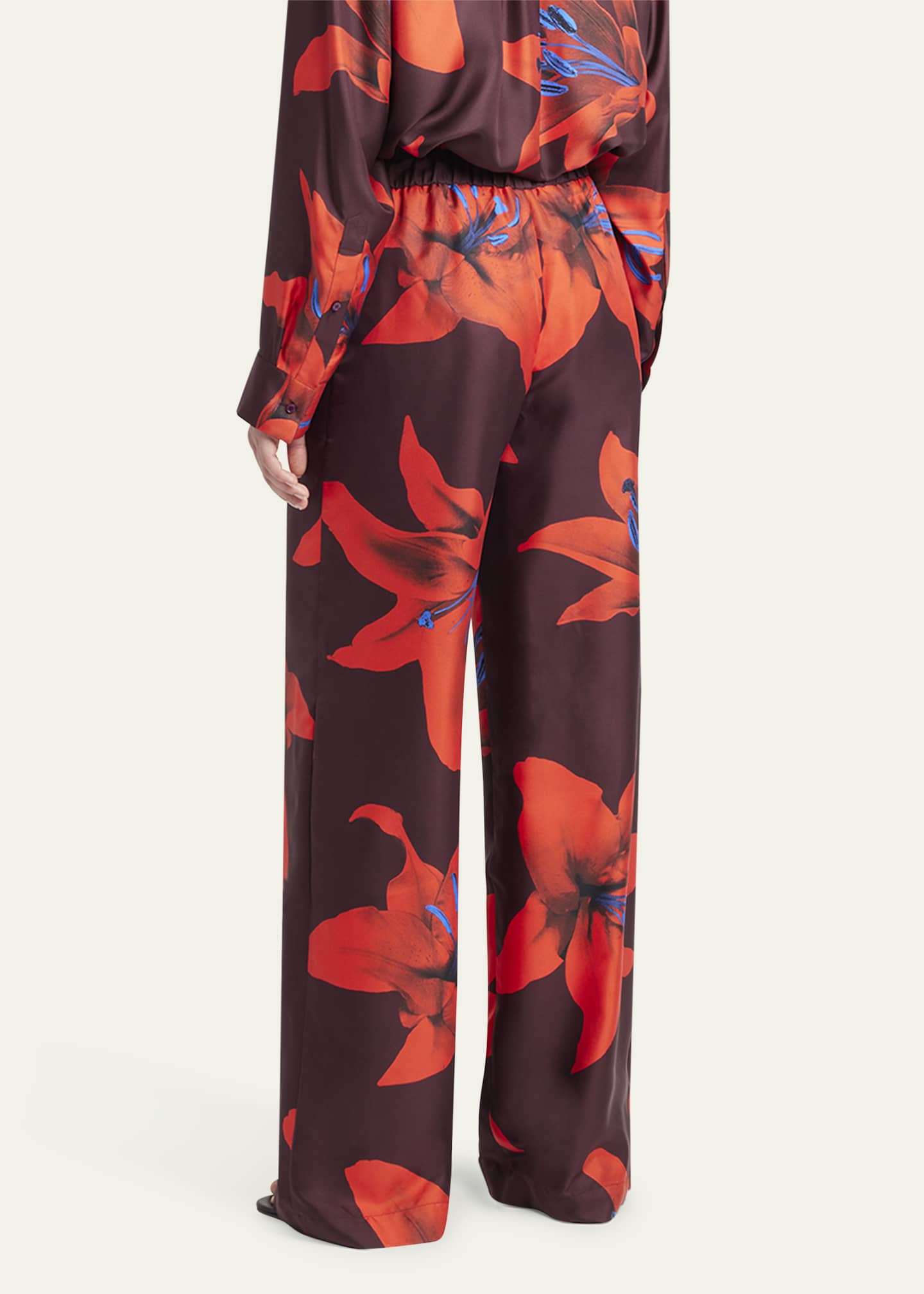 McQueen Lily-Print Silk Wide-Leg Pull-On Trousers Image 3 of 5