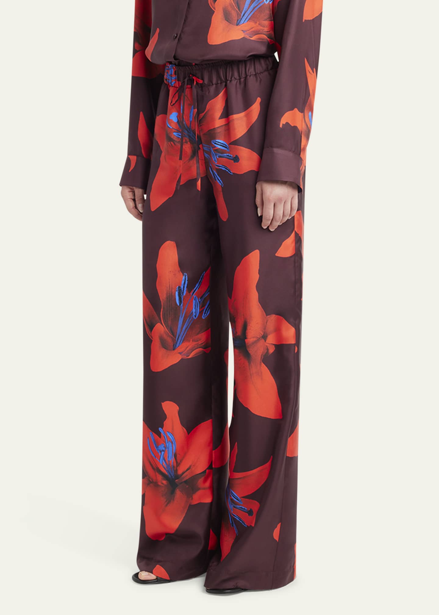 McQueen Lily-Print Silk Wide-Leg Pull-On Trousers Image 4 of 5