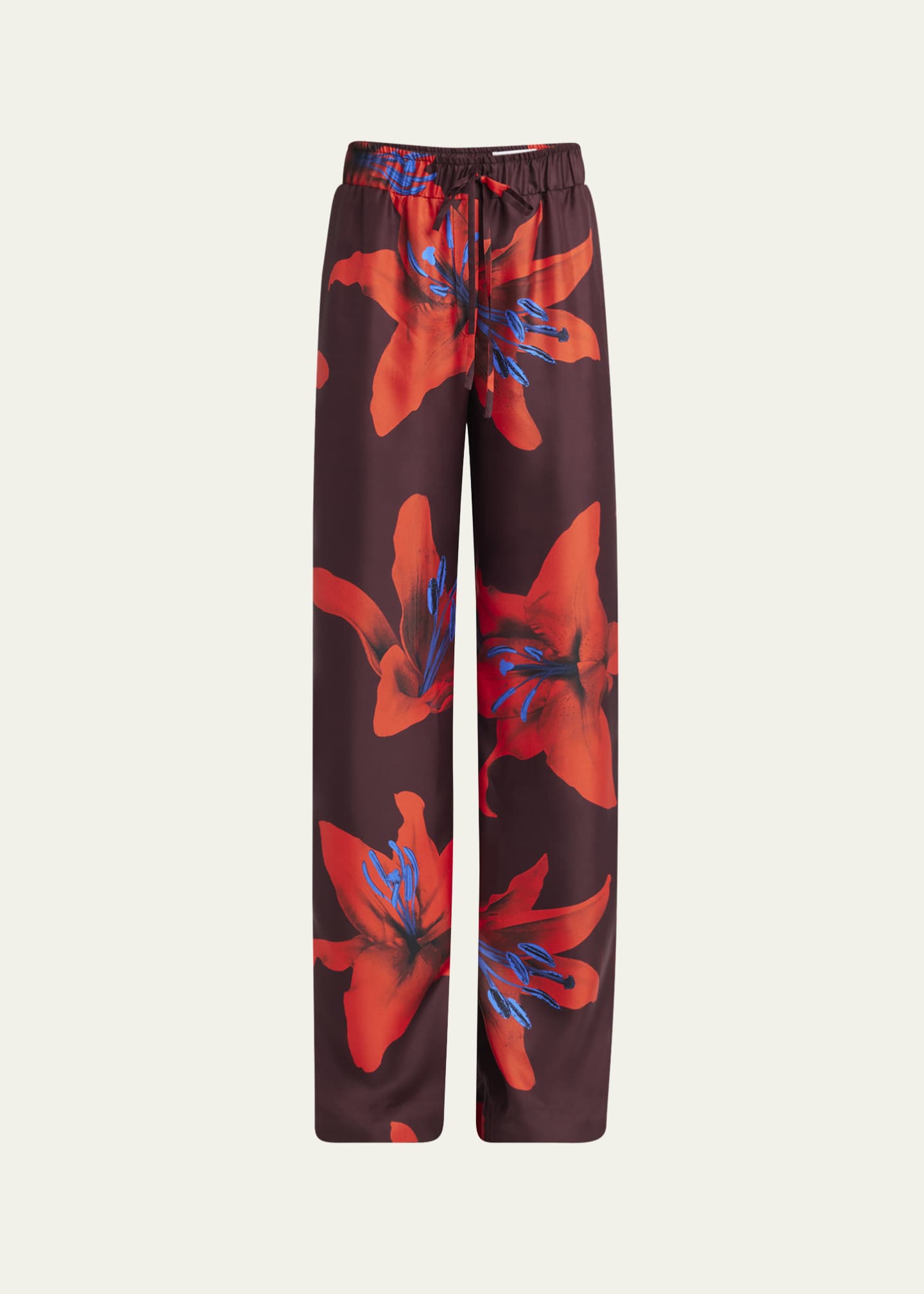 McQueen Lily-Print Silk Wide-Leg Pull-On Trousers Image 1 of 5