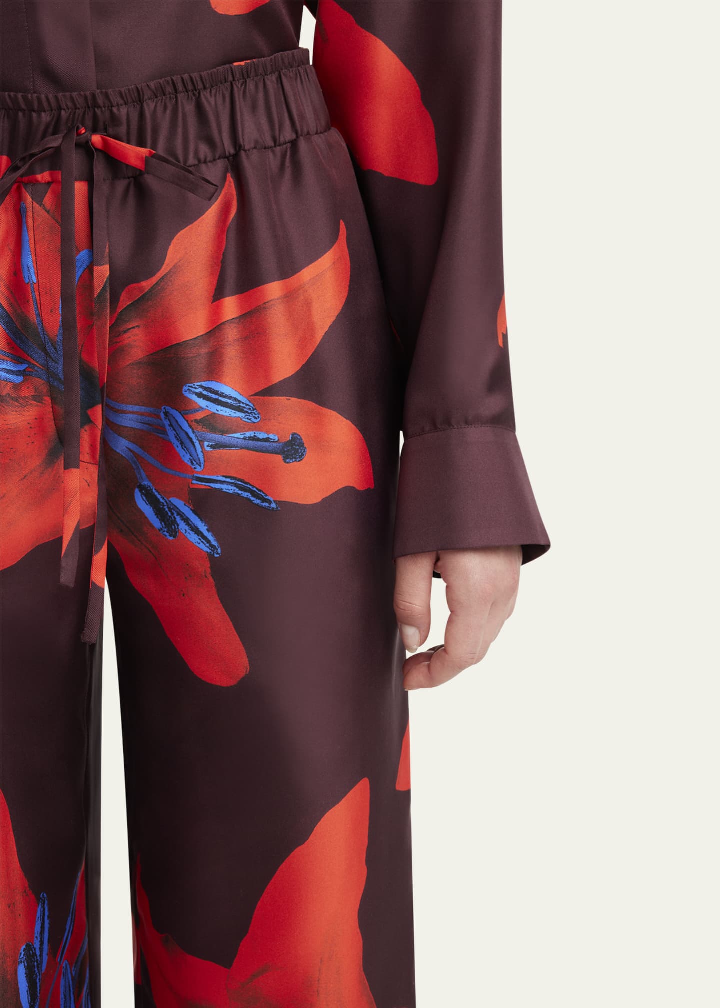 McQueen Lily-Print Silk Wide-Leg Pull-On Trousers Image 5 of 5