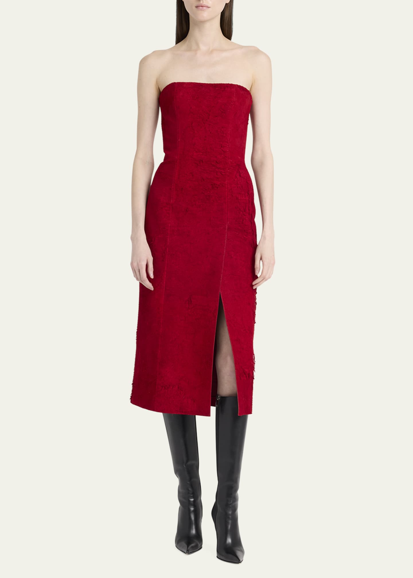 McQueen Strapless Textured Suede Slit Midi Dress Image 2 of 5