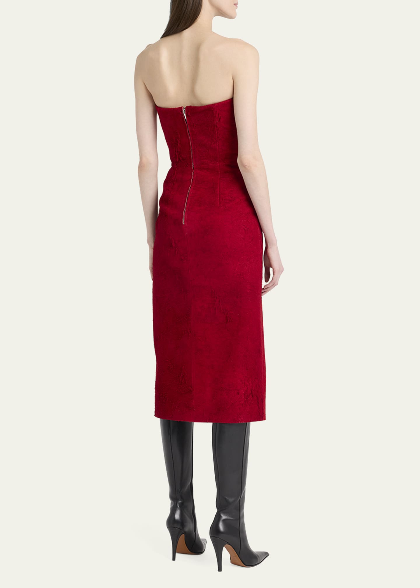 McQueen Strapless Textured Suede Slit Midi Dress Image 3 of 5