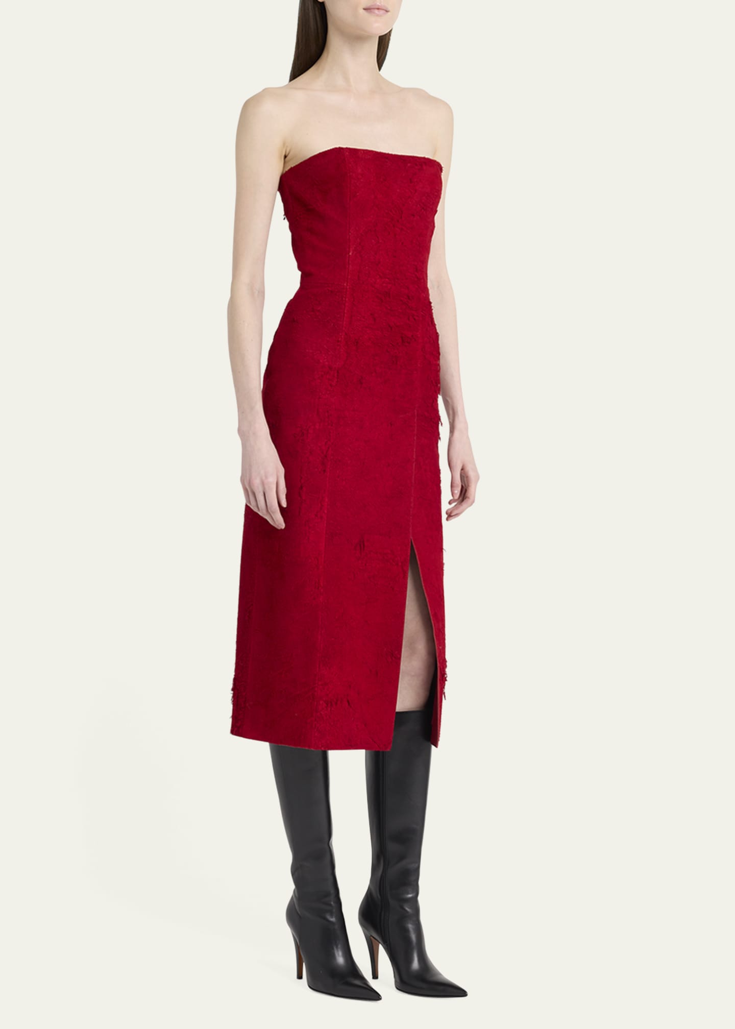 McQueen Strapless Textured Suede Slit Midi Dress Image 4 of 5
