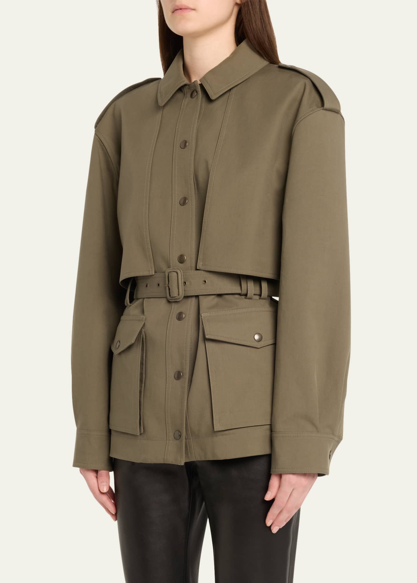 Saint Laurent Belted Long-Sleeve Button-Down Jacket Image 3 of 4