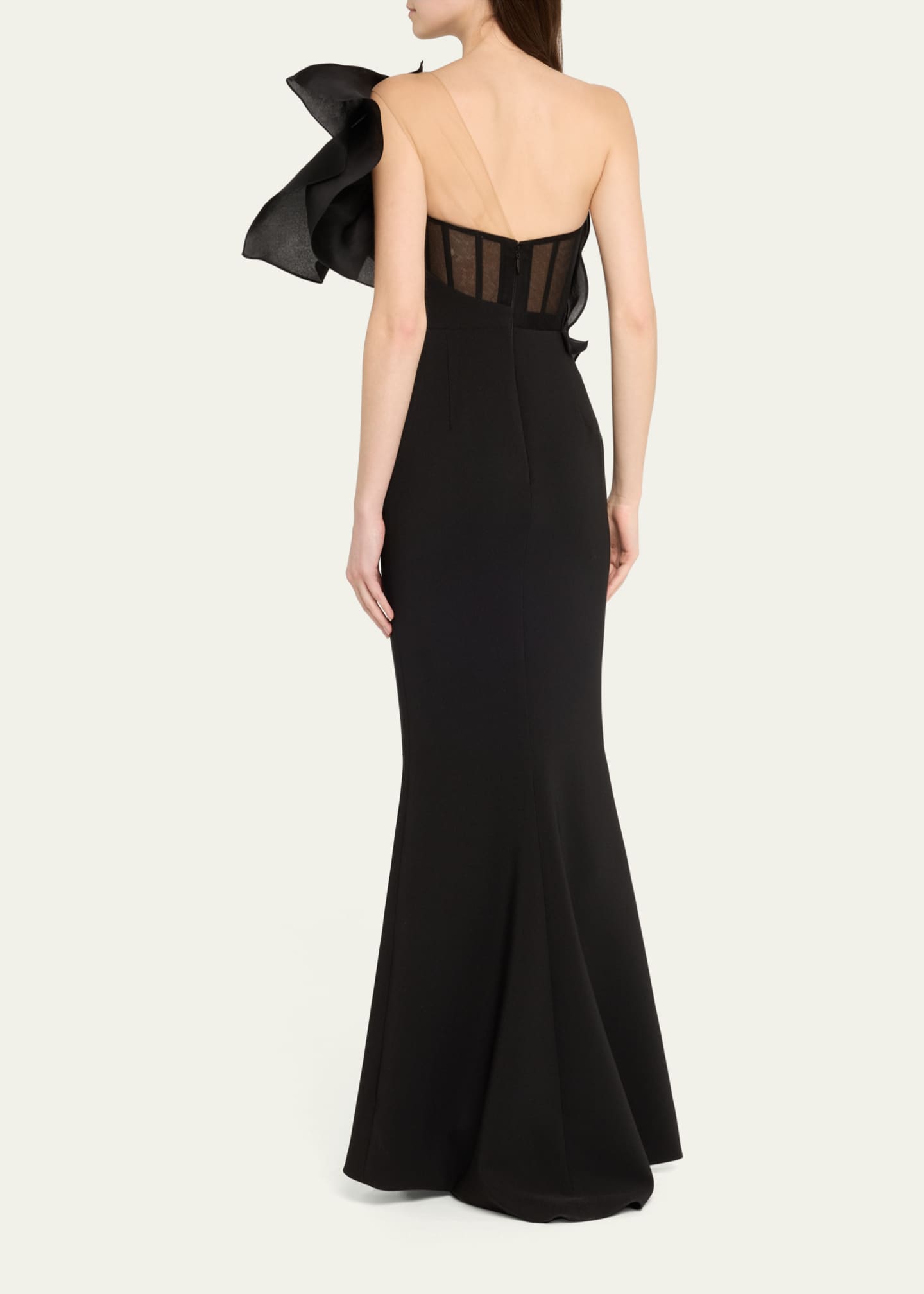 Marchesa One-Shoulder Ruffle Stretch Crepe Gown Image 3 of 5