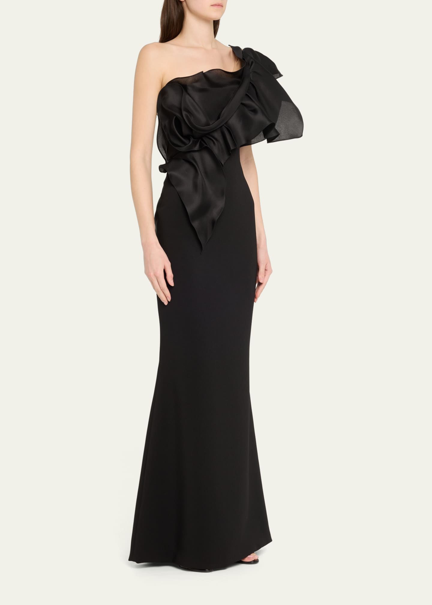 Marchesa One-Shoulder Ruffle Stretch Crepe Gown Image 4 of 5