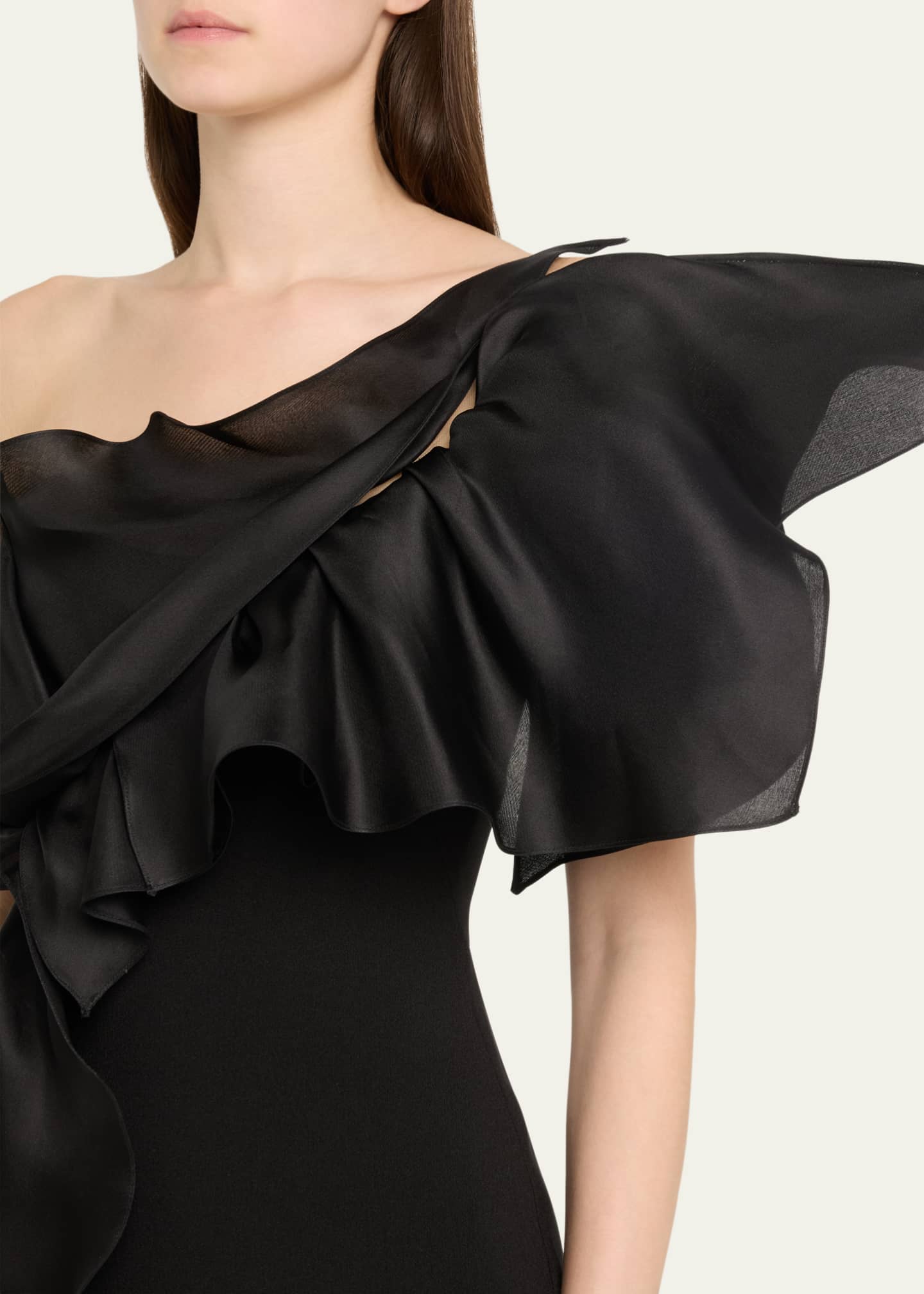 Marchesa One-Shoulder Ruffle Stretch Crepe Gown Image 5 of 5