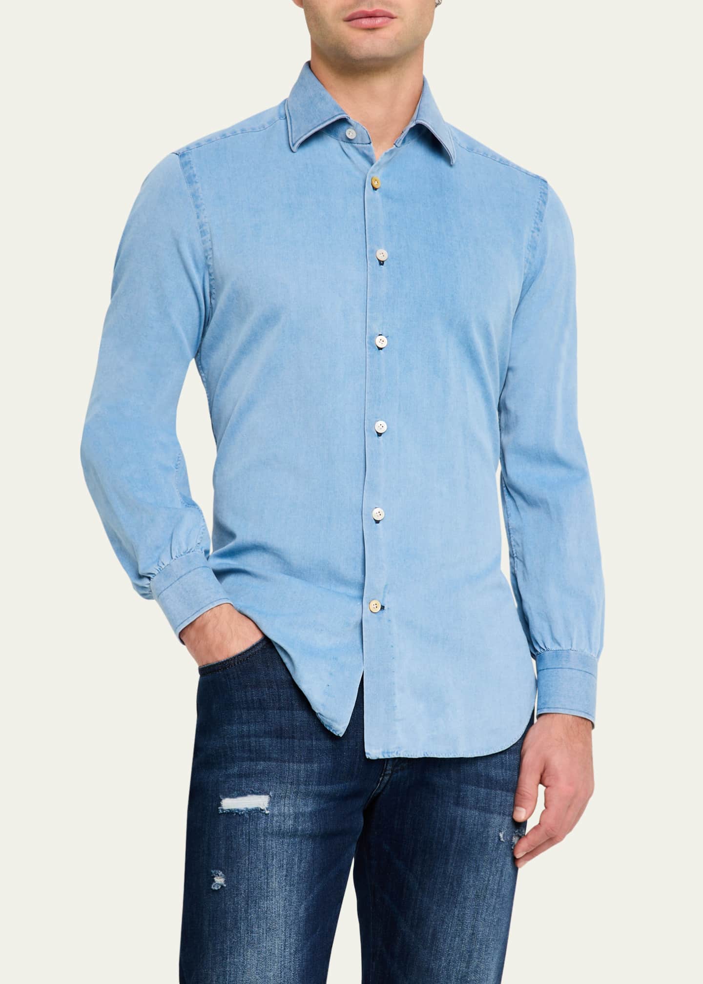 Kiton Men's Chambray Sport Shirt Image 4 of 5