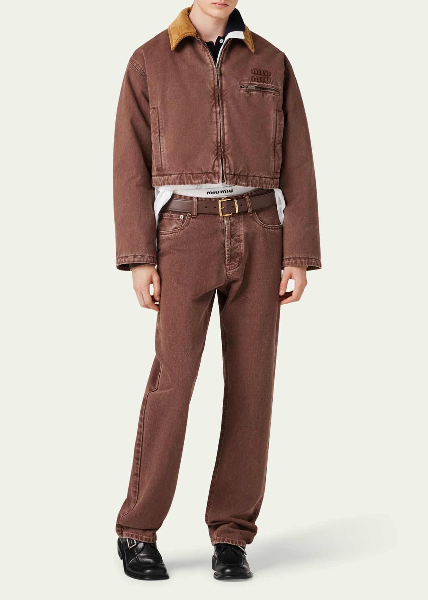 関税込 MiuMiu Gabardine trucker jacket with corduroy collar Indigo Blue Gabardine Trucker Jacket With Corduroy Collar