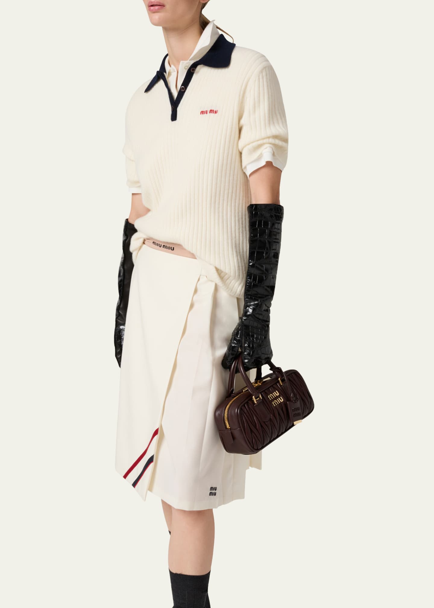 miumiu ミュウミュウ Ribbed jersey polo shirt Miu Miu ribbed-knit Cashmere Polo Shirt | Neutrals | FARFETCH