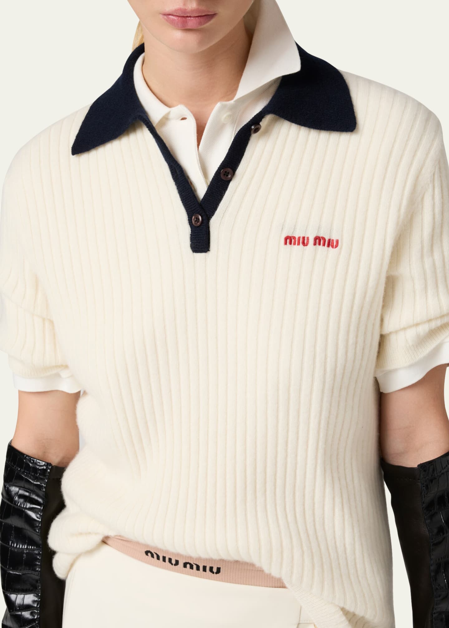 関税込【MiuMiu】Knitted silk and cashmere polo shirt Navy Cashmere And Silk Knit Polo Shirt | Miu Miu