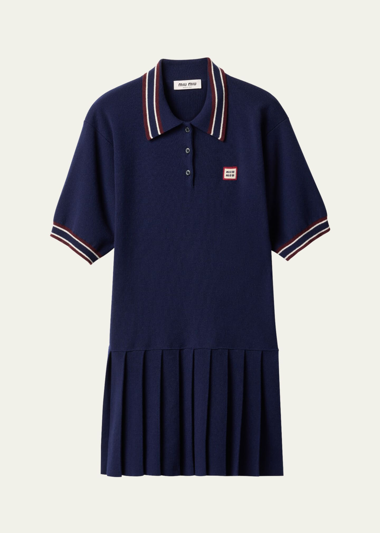 Miu Miu Short-Sleeve Pleated Mini Polo Cashmere Wool Dress