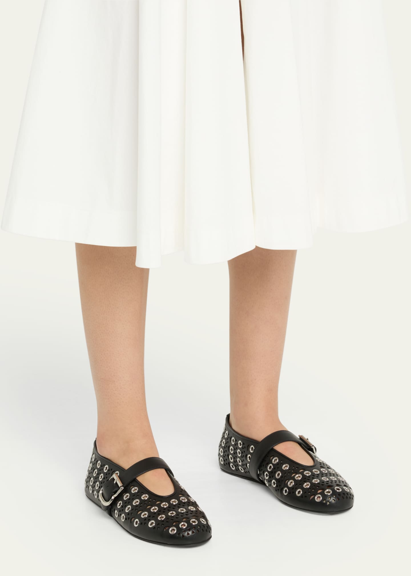 ALAIA Vienne Buckle Eyelet & Laser-Cut Leather Ballet Flats Image 2 of 4