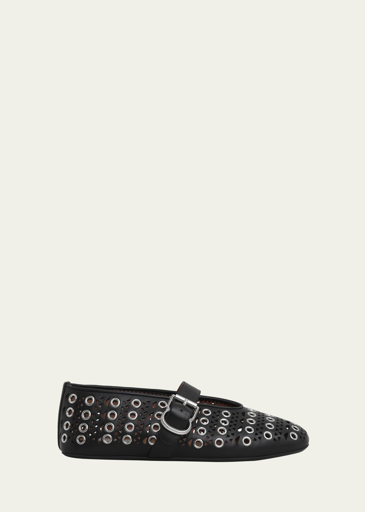 ALAIA Vienne Buckle Eyelet & Laser-Cut Leather Ballet Flats Image 1 of 4