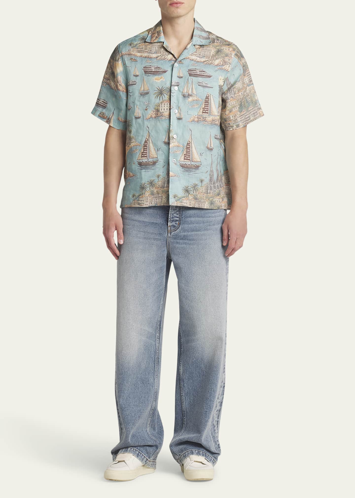 Rhude Men's Poplin Sailing-Print Camp Shirt Image 2 of 5