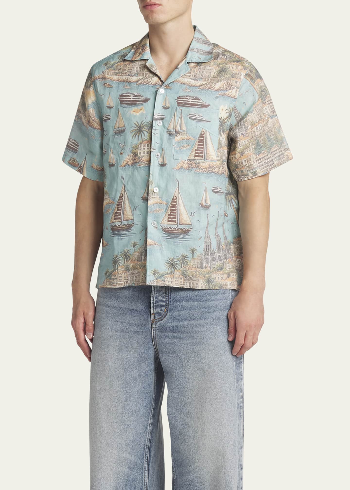 Rhude Men's Poplin Sailing-Print Camp Shirt Image 4 of 5