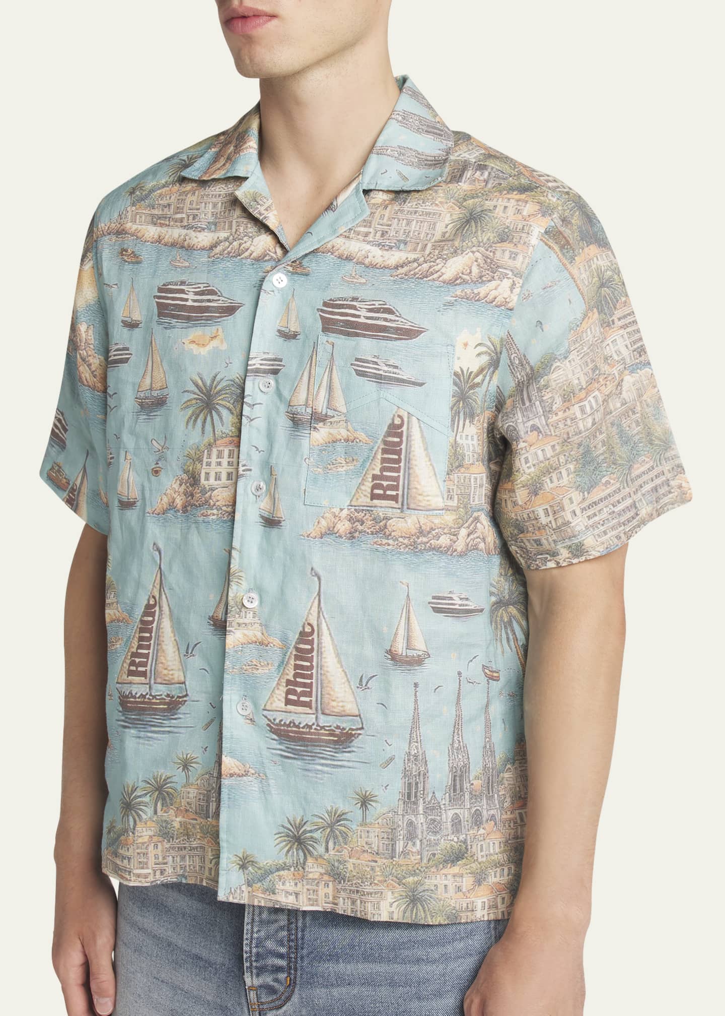Rhude Men's Poplin Sailing-Print Camp Shirt Image 5 of 5