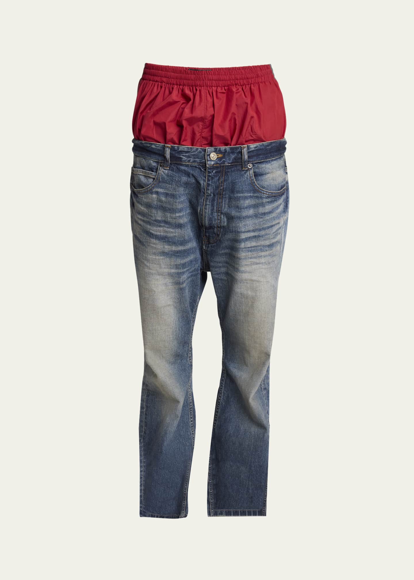 Balenciaga Men's Double-Layer Denim and Nylon Pants Image 1 of 5