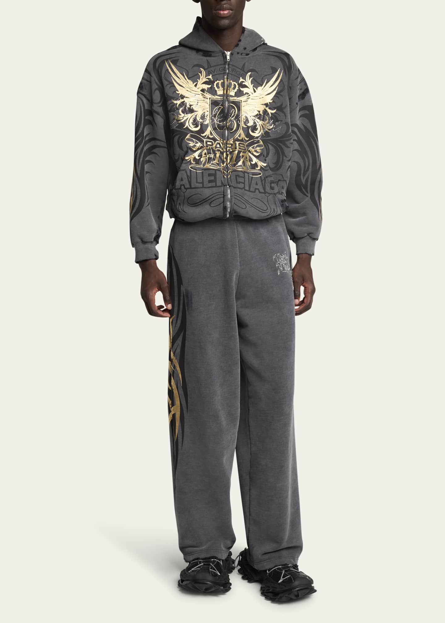 Balenciaga Men's Terry Metallic Tattoo Flare Sweatpants