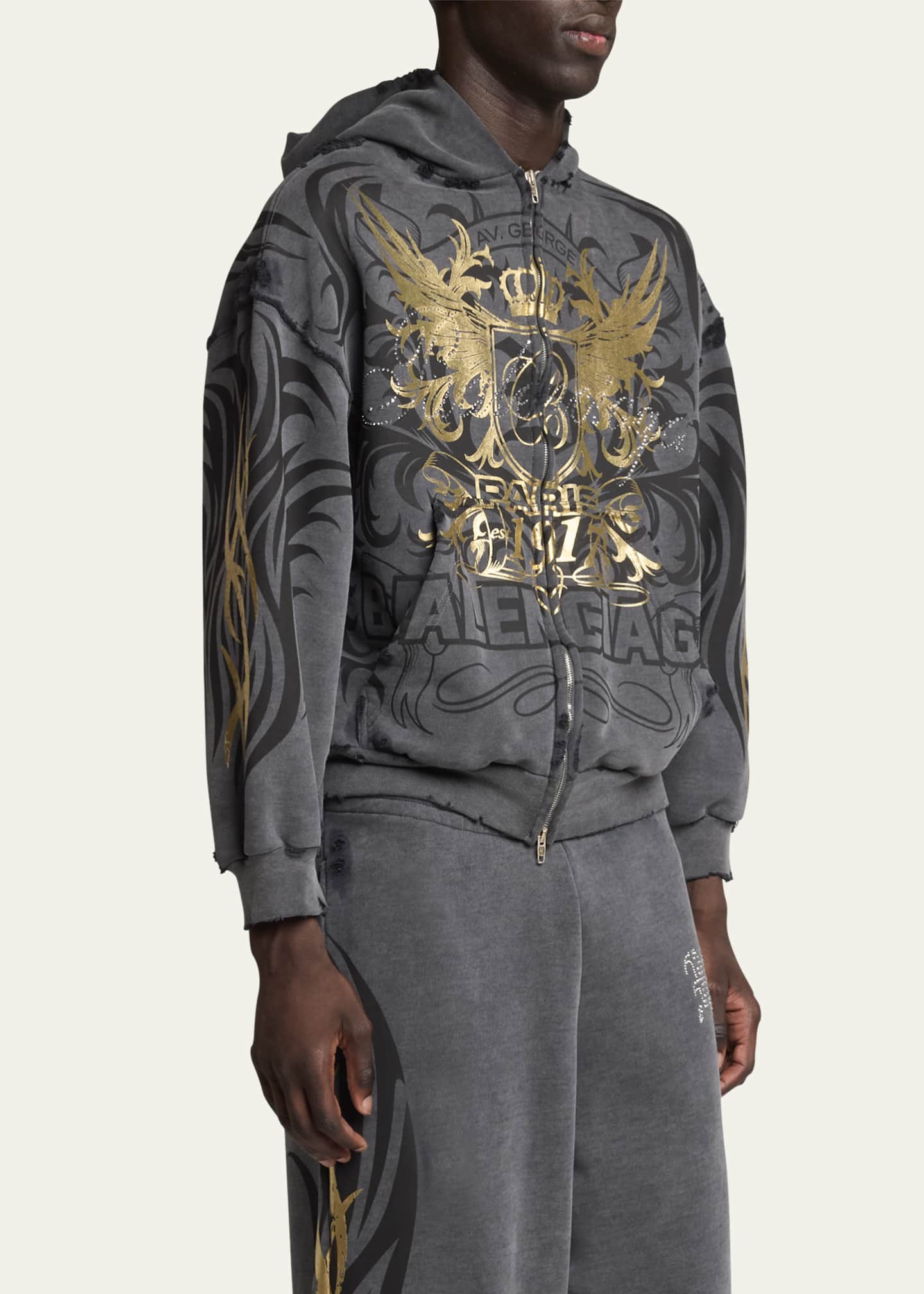 Balenciaga Men's Terry Metallic Tattoo Zip Hoodie - Bergdorf