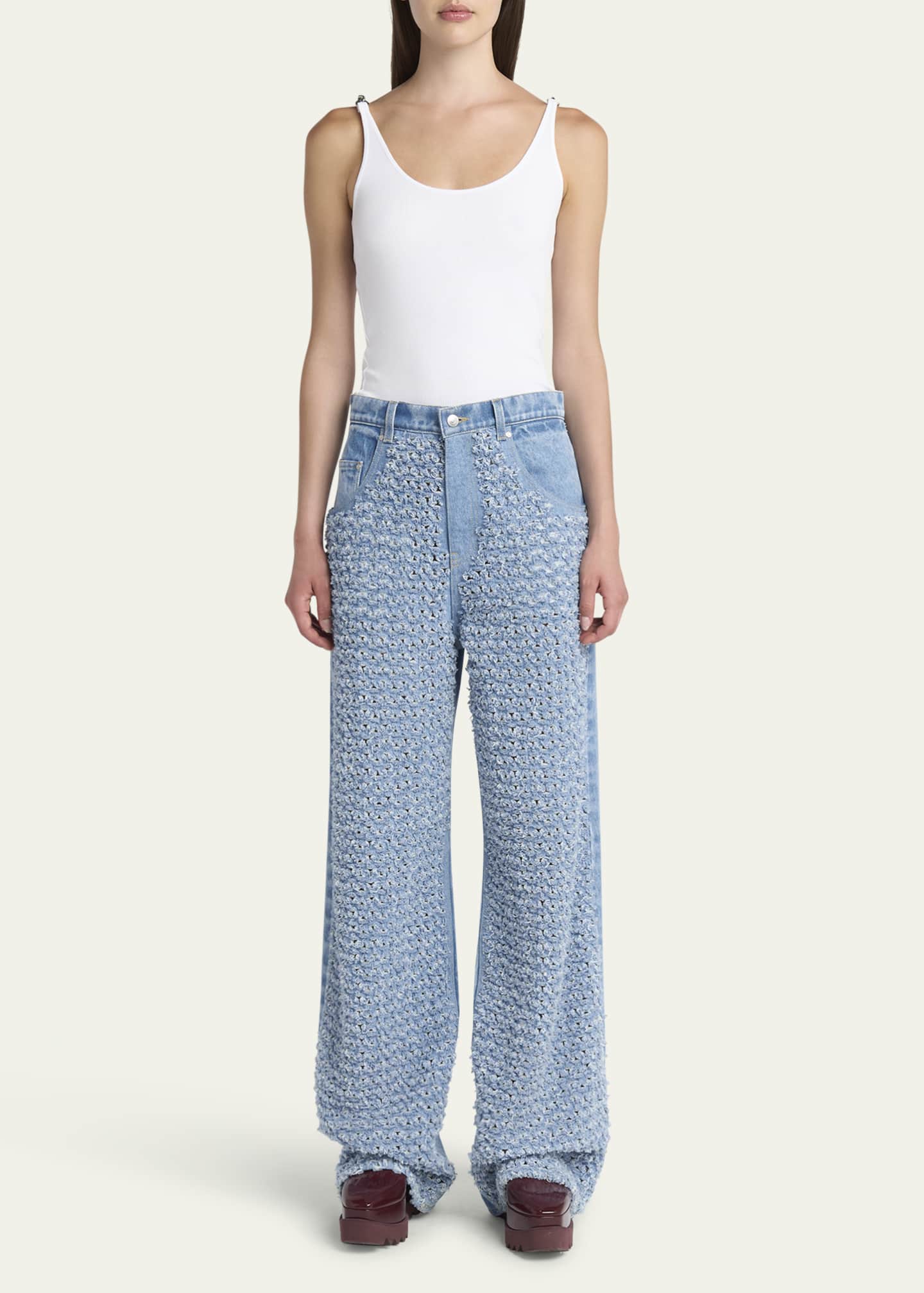 Stella McCartney Distressed Boucle Denim Wide-Leg Jeans Image 2 of 5