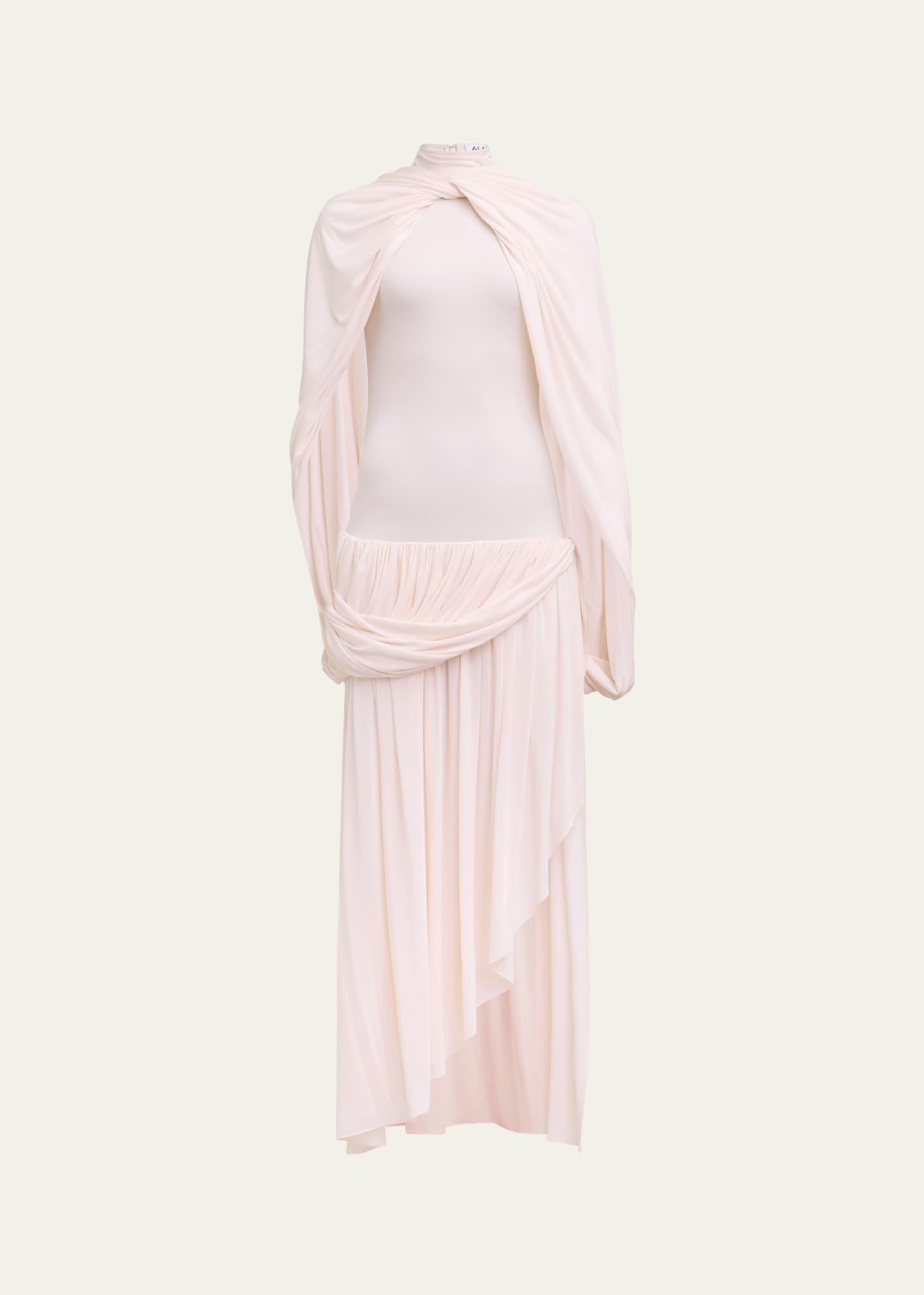 Mock Neck Draped Gown with Cape