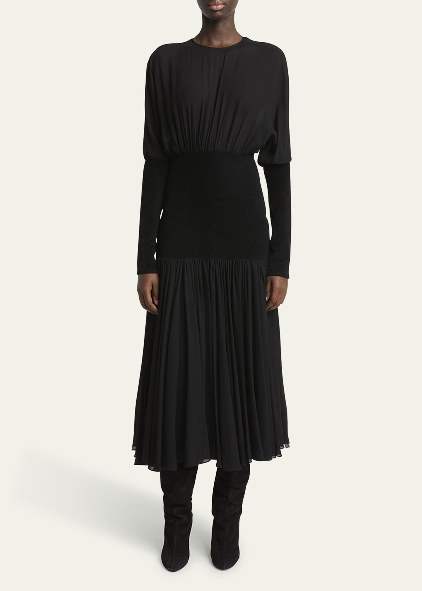Knit Band Sheer Chiffon Midi Dress