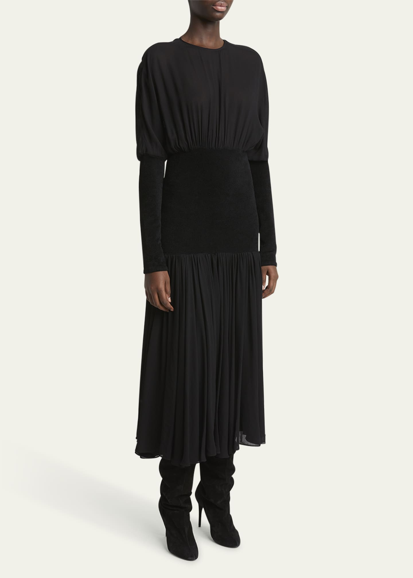 Knit Band Sheer Chiffon Midi Dress