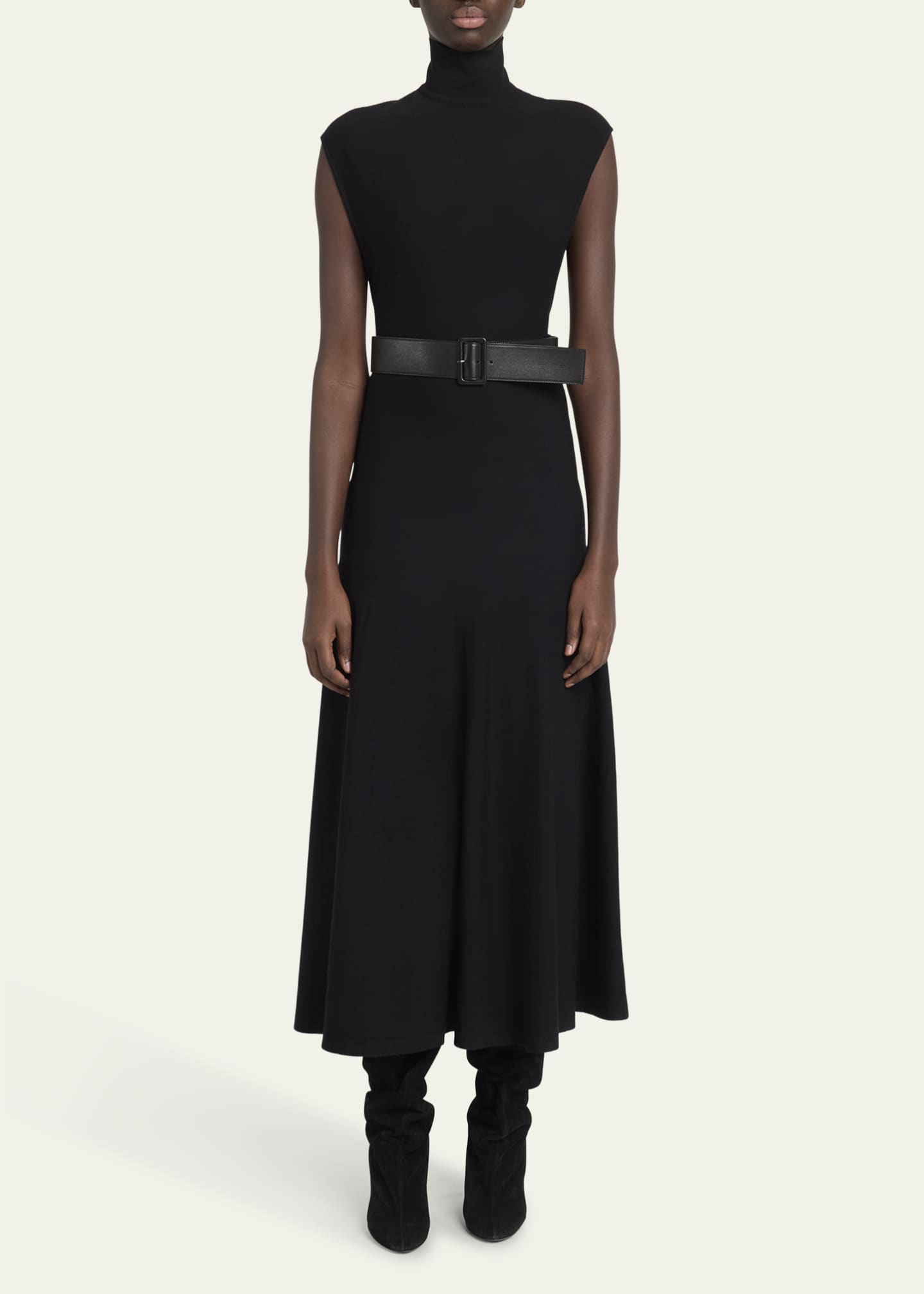 High-Neck Wool Belted Dress