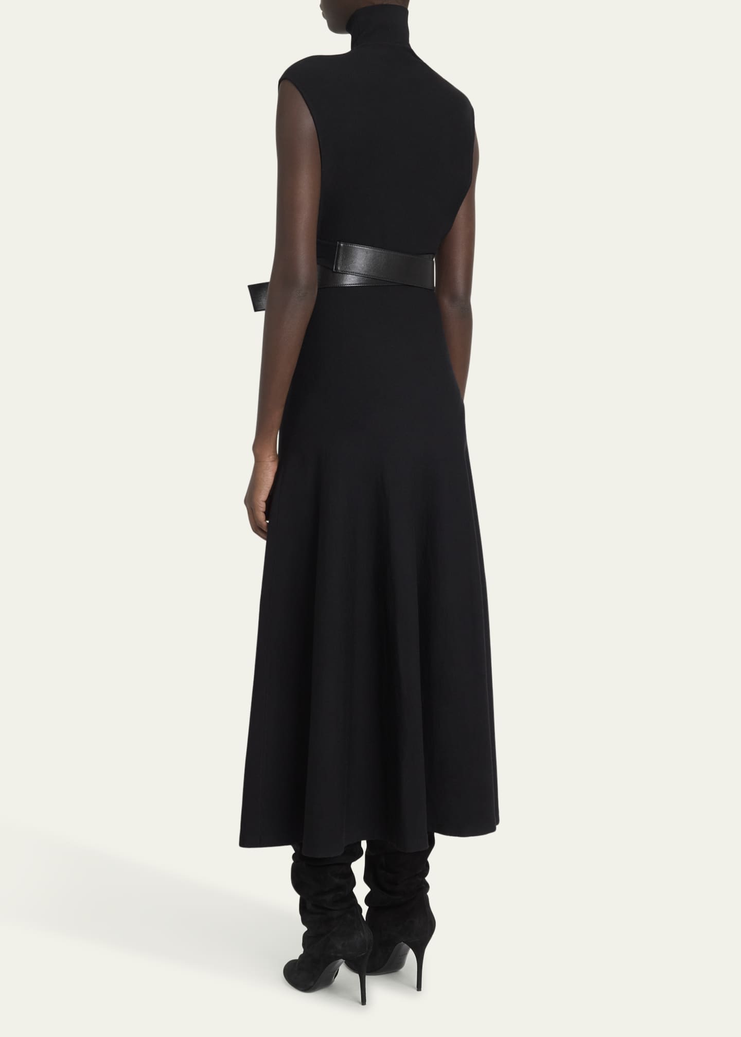 High-Neck Wool Belted Dress