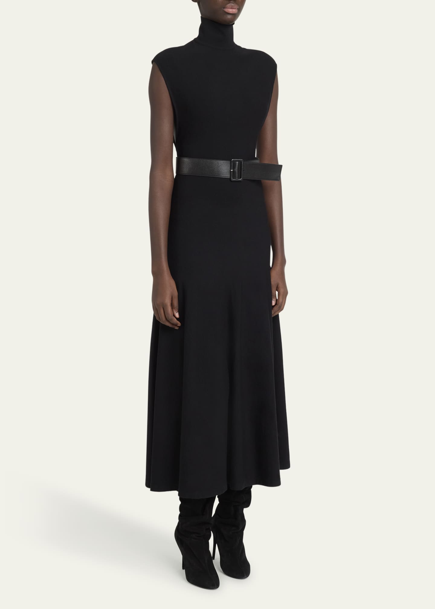High-Neck Wool Belted Dress