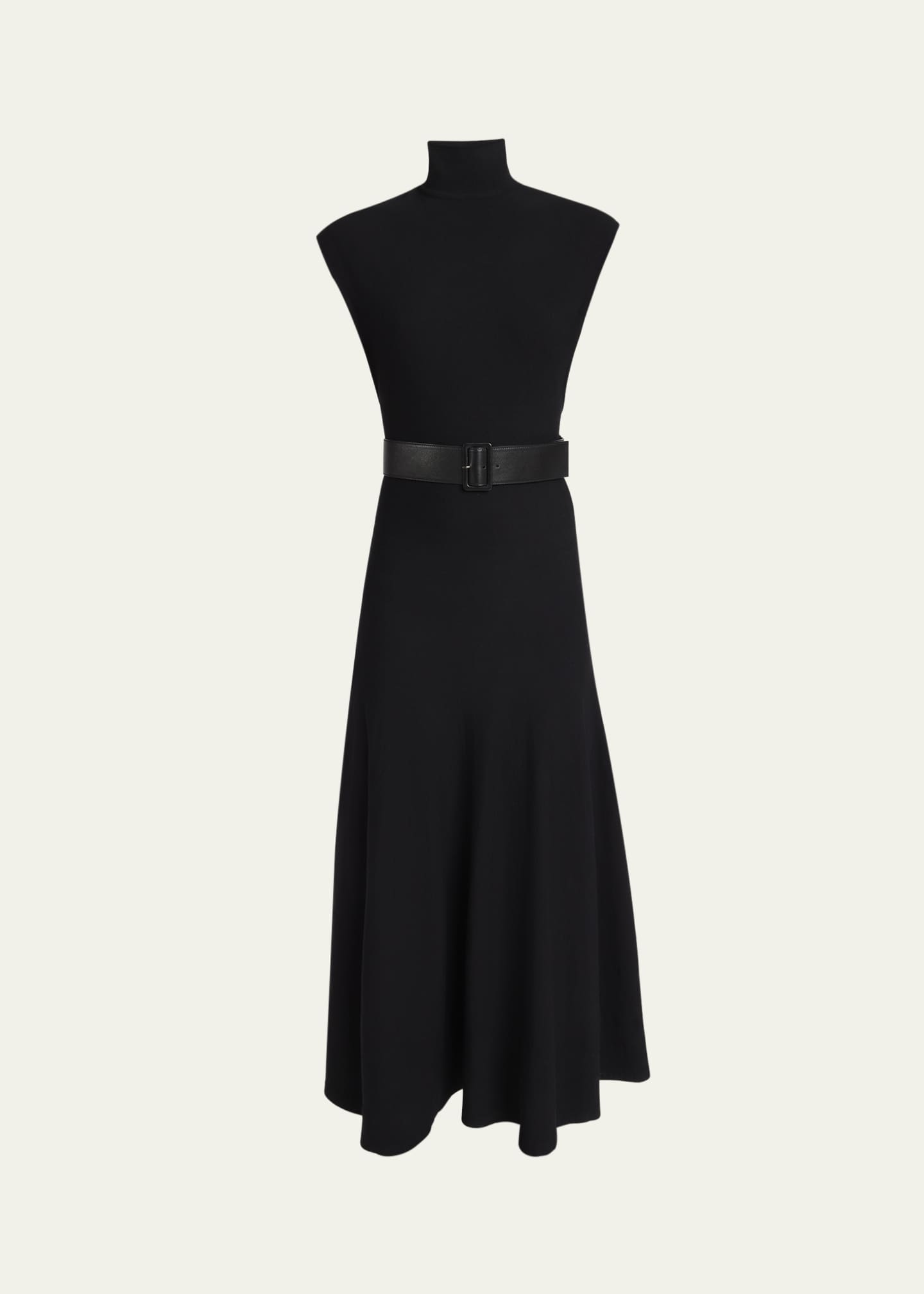 High-Neck Wool Belted Dress