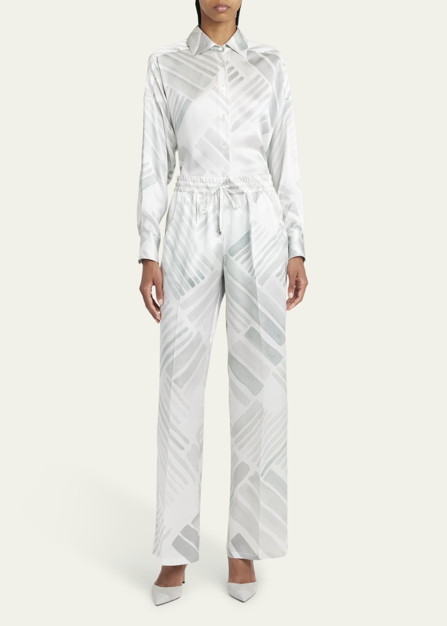 Kiton Abstract Drawstring Wide Leg Silk Trousers Image 2 of 5