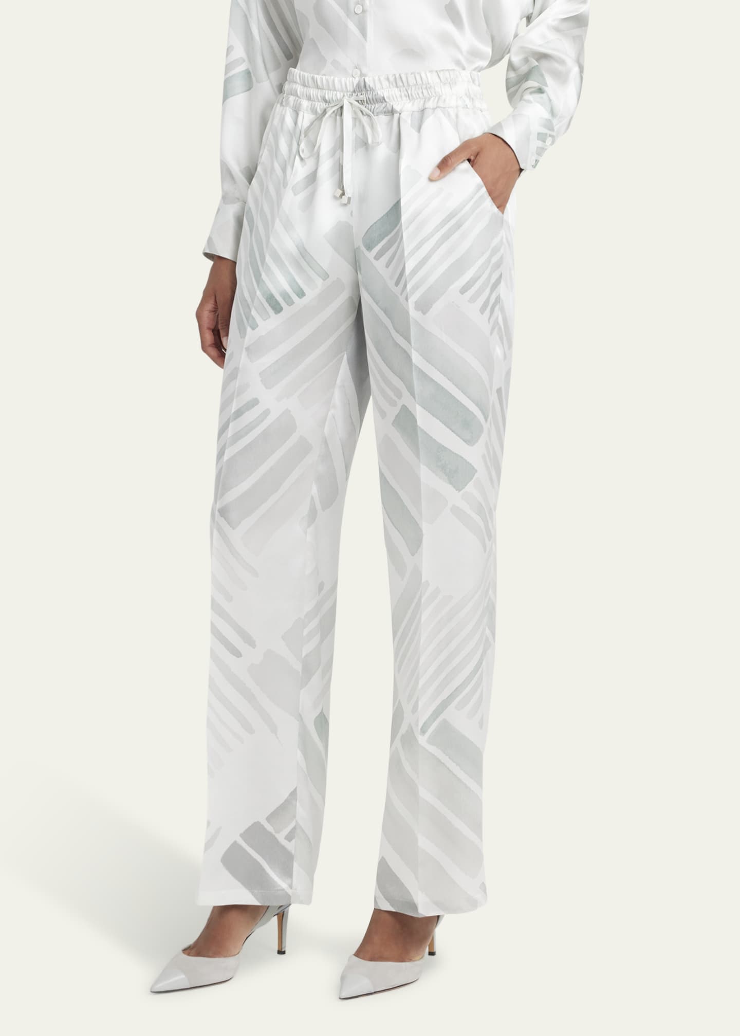 Kiton Abstract Drawstring Wide Leg Silk Trousers Image 4 of 5