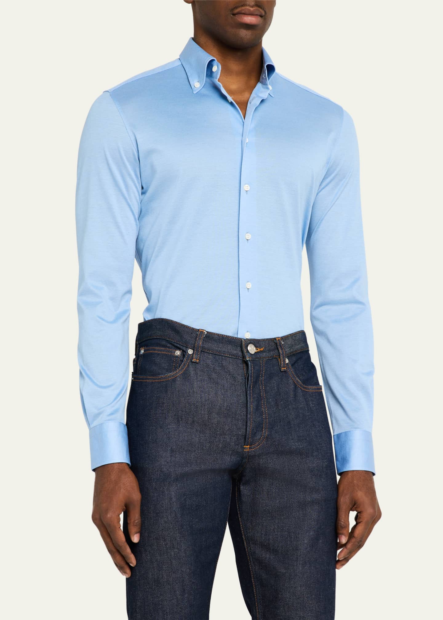 Bergdorf Goodman Men's Button-Collar Pique Jersey Sport Shirt Image 4 of 5