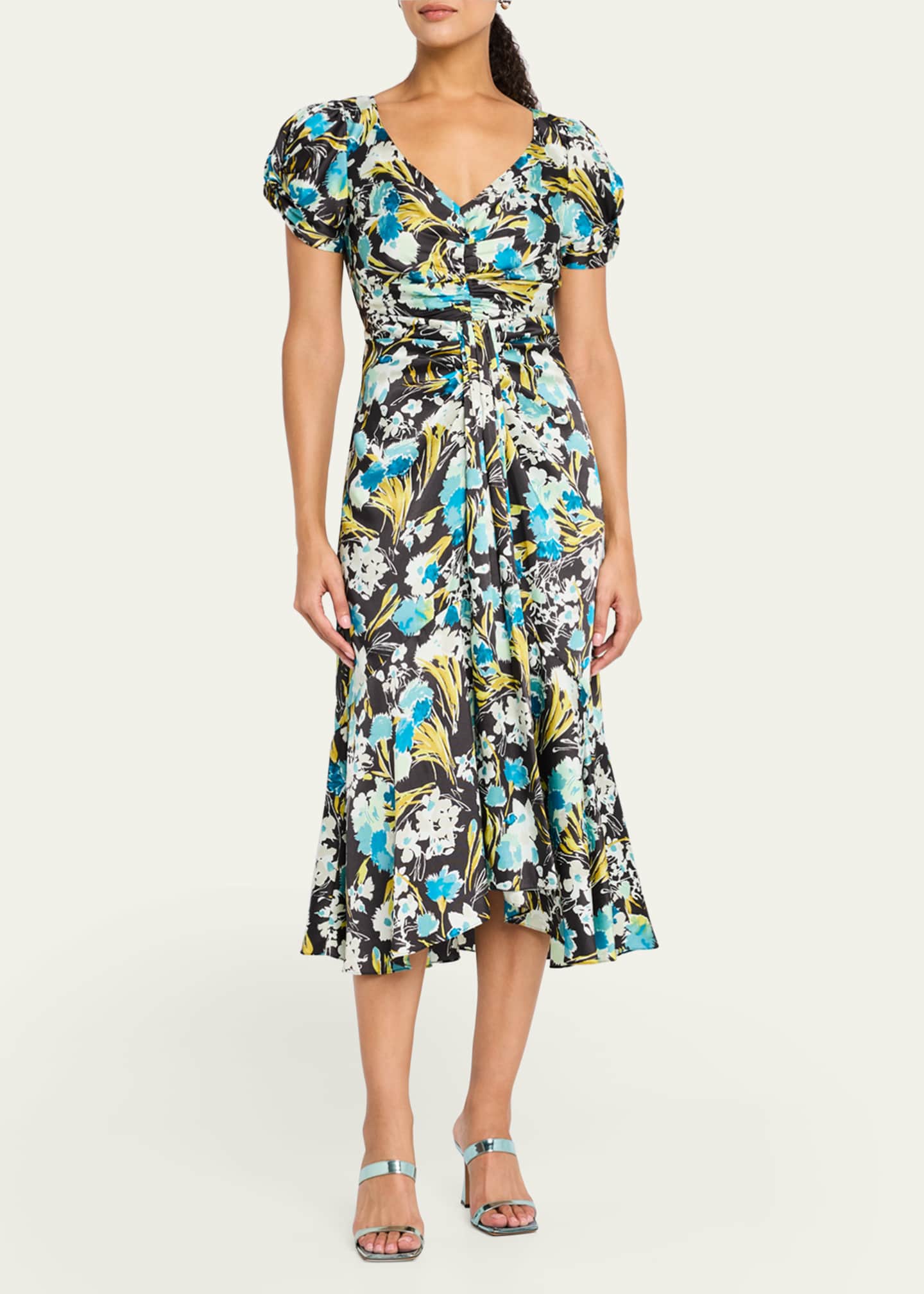 Cinq a Sept Walker Floral Puff-Sleeve Midi Dress Image 2 of 5
