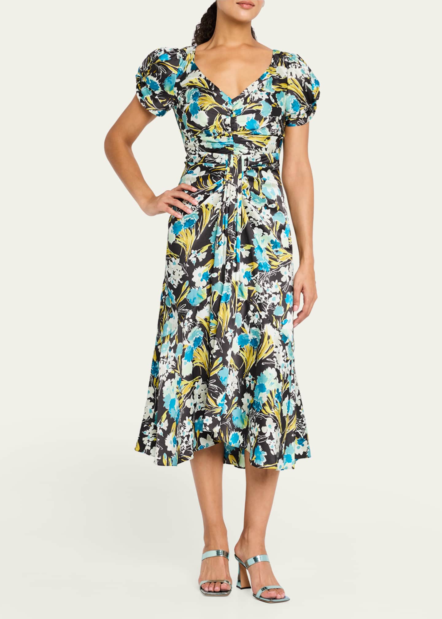 Cinq a Sept Walker Floral Puff-Sleeve Midi Dress Image 4 of 5