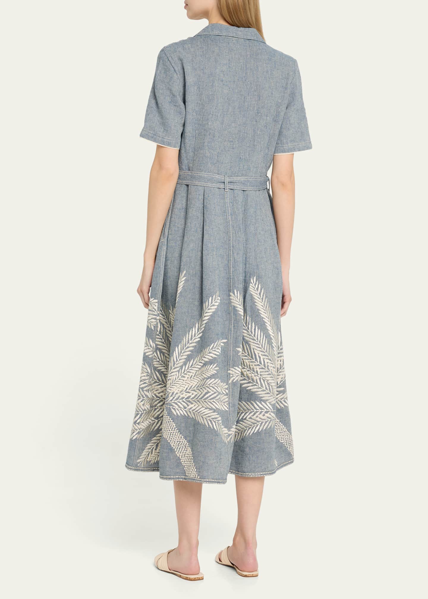 Claudia Palm-Embroidered Belted Midi Dress - Thumbnail 3